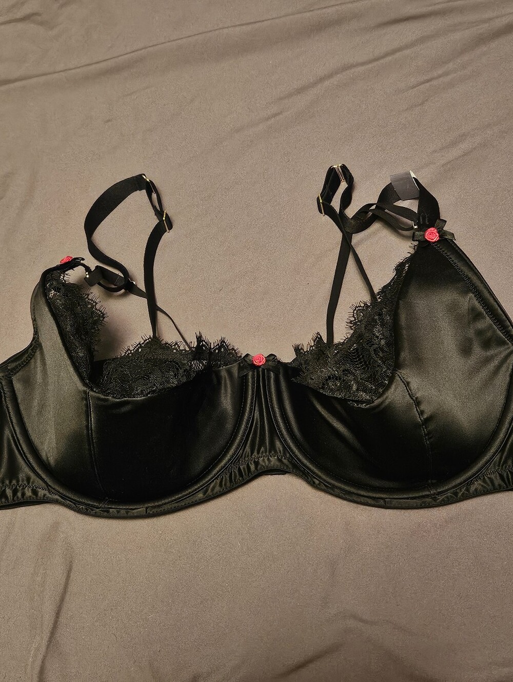 Black Lace-Trim Satin Underwire Bra with Pink Accents